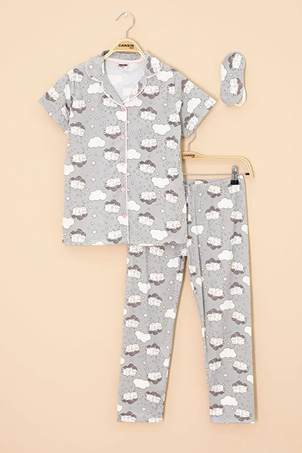 Grey Lamb Pattern Short Sleeve Girls Eye Mask Pajama Set 20594