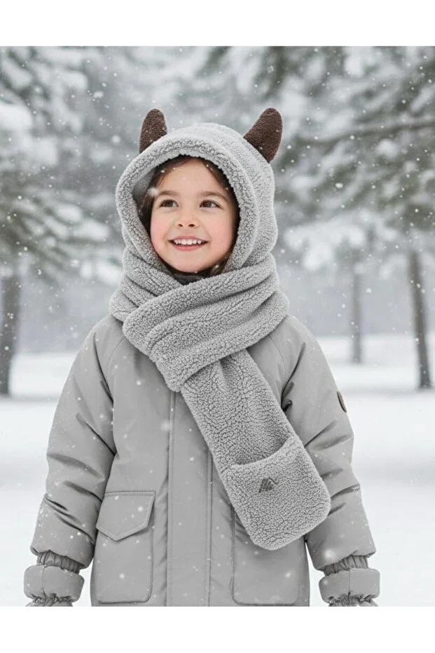 3-in-1 One-Piece Scarf Hat Gloves for 7-14 Year Old Girls Boys Kids Winter Earflap Plush Grey