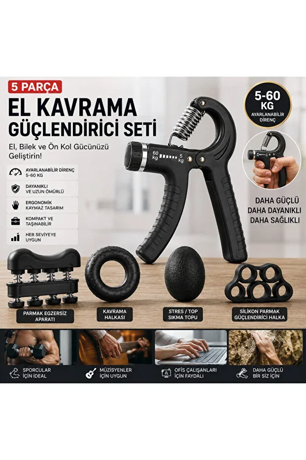 5 Piece Adjustable Hand Grip Strengthener Set 5-60 KG Hand Exerciser Finger Trainer Wrist and Forearm Strengthening Set