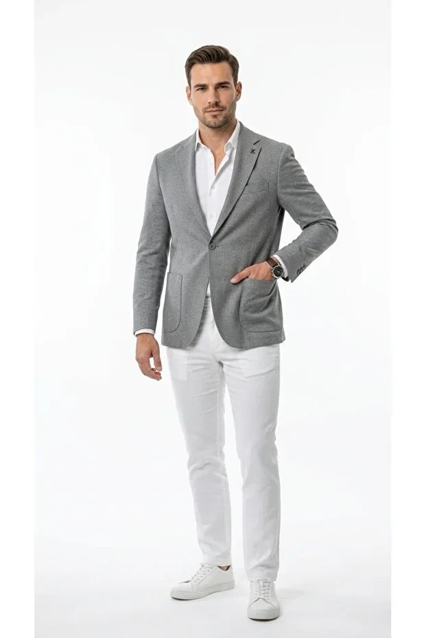 Men's Slim Fit Blazer Jacket Single Button Double Vent Patch Pocket Half Lined