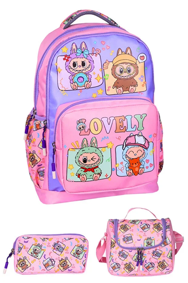 3-Piece Primary School Labubu Print Lila, Girl Child Lunch Box and Pencil Case School Bag