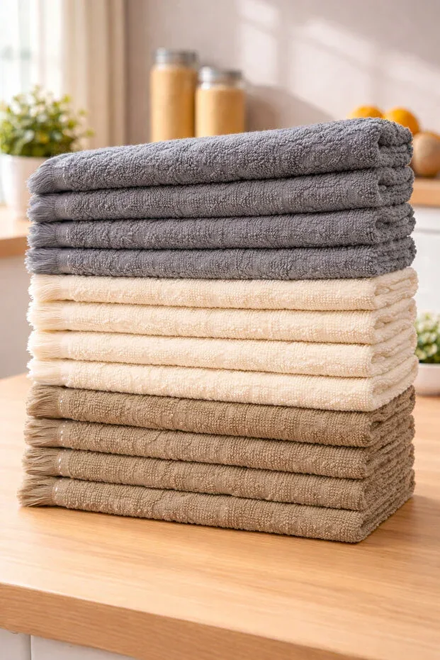 DERİN LUXURY 12 PIECES 30-50 CM HAND TOWEL - KITCHEN TOWEL - DRYING CLOTH, GIFT TOWEL FOR WEDDING, ENGAGEMENT, PROMISE CEREMONY, CIRCUMCISION, BATHROOM SINK BASKET TOWEL IN 30-45 SIZE (4 GREY 4 BROWN 4 CREAM)