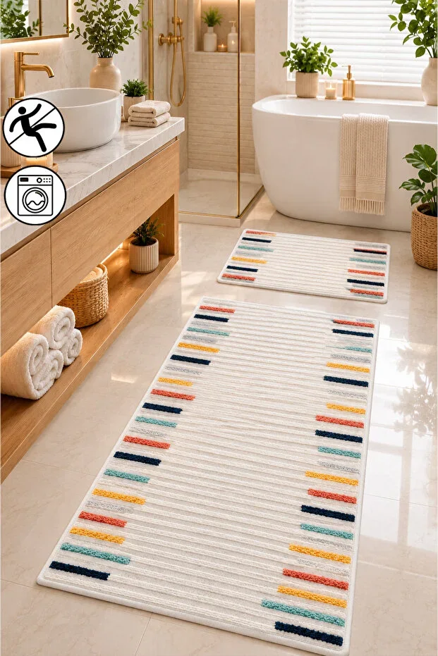 Colored Stripe Patterned 2-Piece Bath Mat Set Non-Slip Base Digital Print Washable (60x100-50x60)