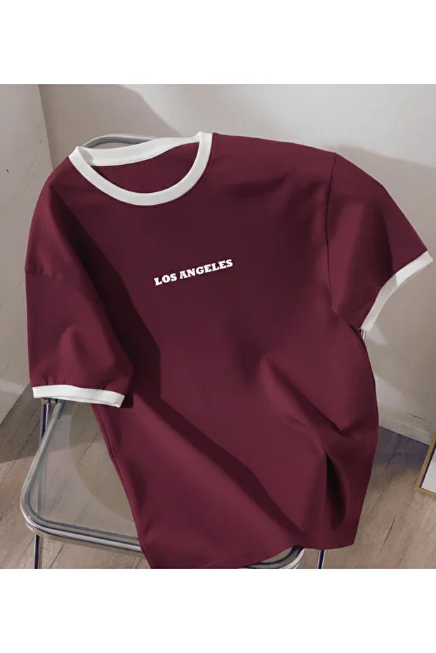 Unisex Erkek/Kadın Beyaz Yaka LOSANGELES Özel Baskılı Oversize Pamuklu T-Shirt Tişört