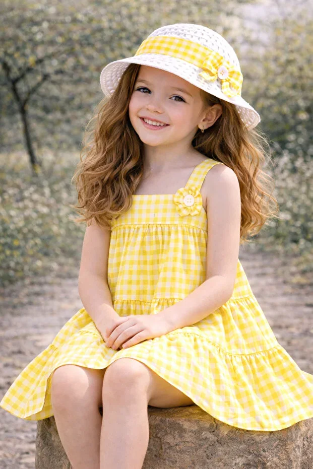 Girls Eco-Plaid Cotton Summer Dress with Hat