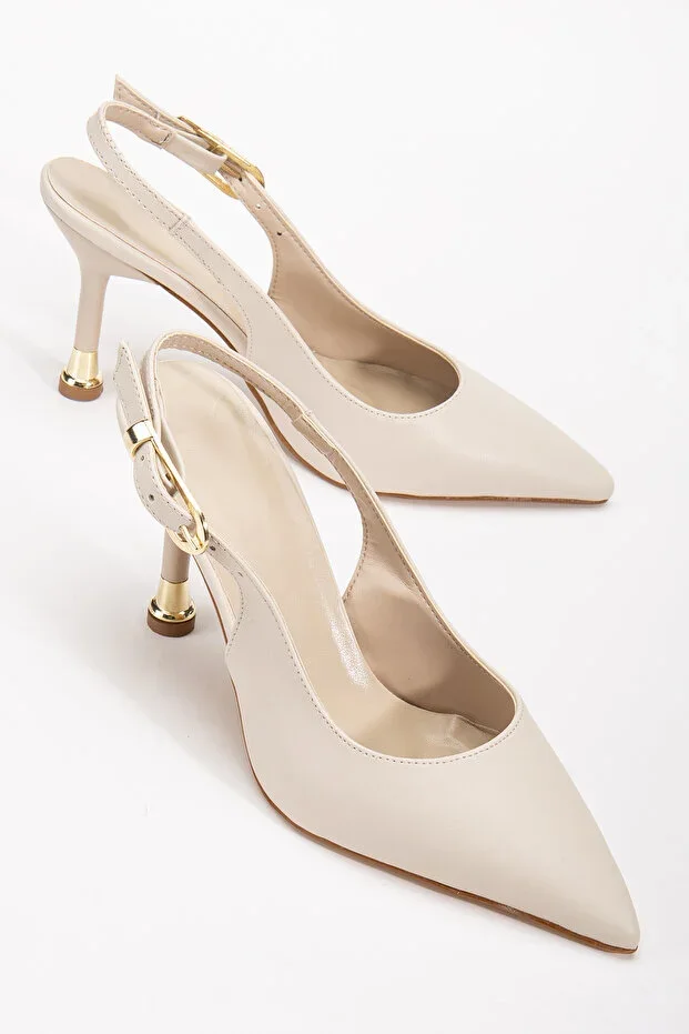 Women's Beige Leather Buckled Pointed Chic Heeled Stiletto Shoes
