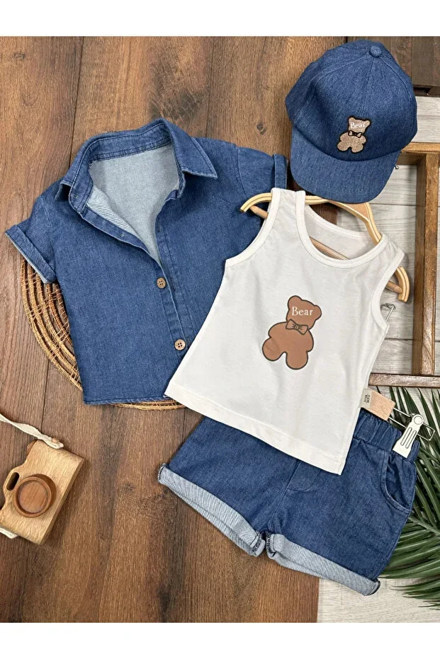 Hat-wearing Teddy Bear Patterned Tank Top Bodysuit Lycra Denim 4-piece Summer Boy Baby Set