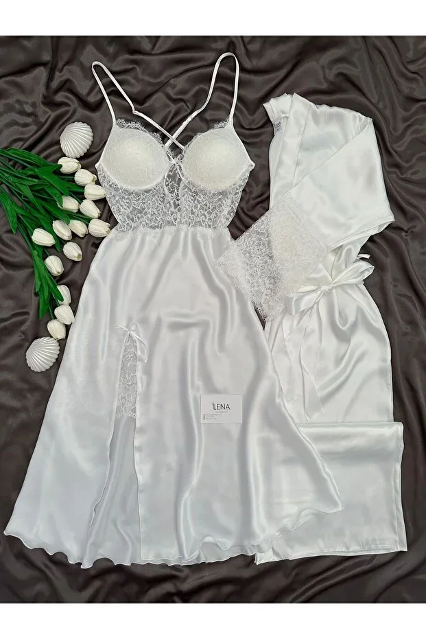 Enchante Luxury Lace Slit Long Satin Nightgown & Robe Bridal Set (Boxed)