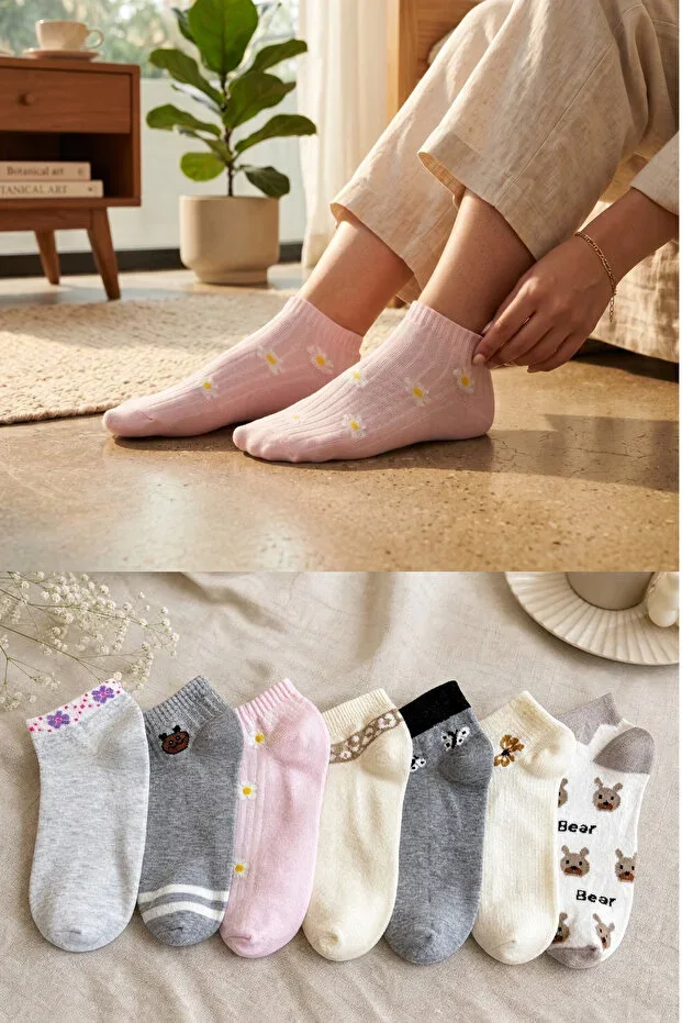 Women's 7-Pack Cotton Patterned Ankle Sock Set Comfortable Breathable Dark Colors