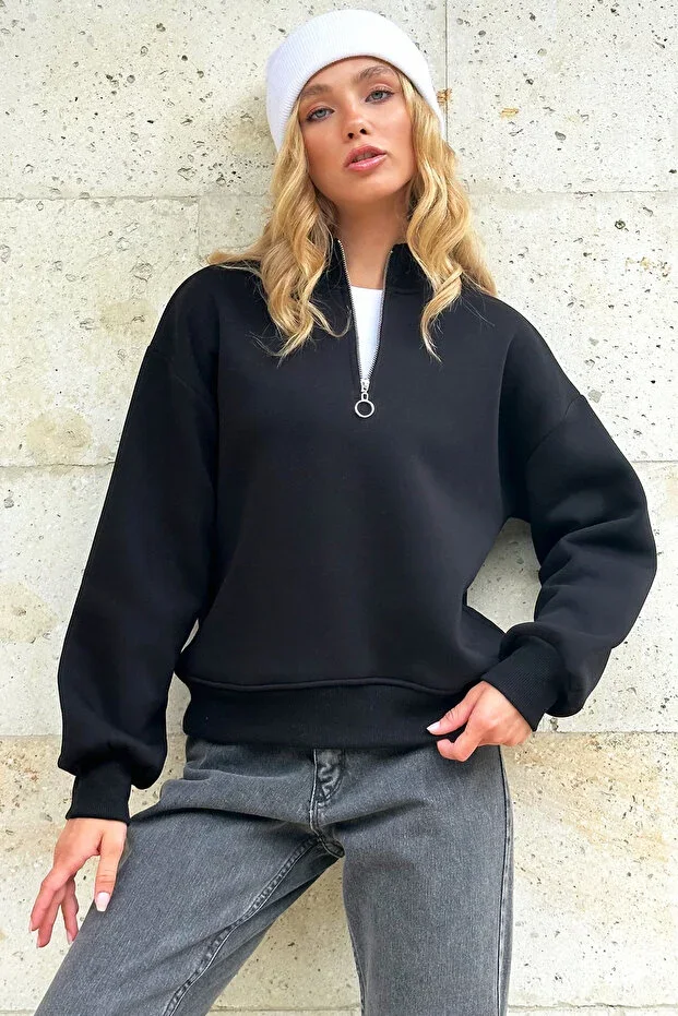 Women's Black Stand-Up Collar Zip-Up Inside Fleece 3-Thread Crop Sweatshirt ALC-X12757