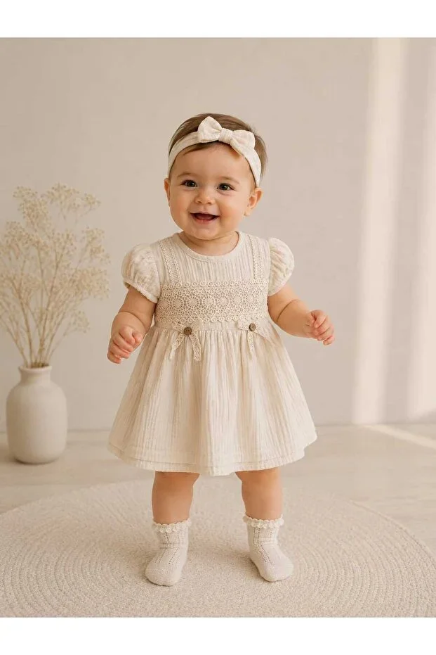 2111 lace detail pompom dress baby beige