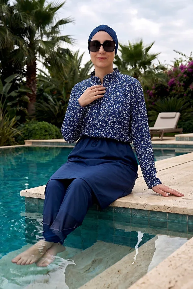 Haliç Mayo Parachute Small Patterned Fully Covered Half Zippered Full Coverage Modest Swimsuit 02 Navy02