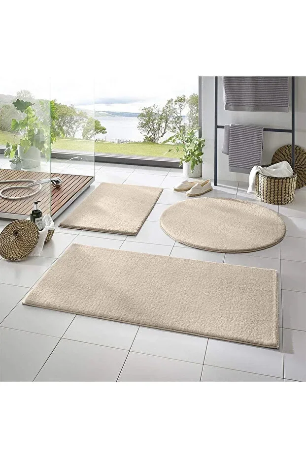3-Piece Bath Mat Rug Plush Carpet Toilet Set Beige 50x90-50x60--50x50(ROUND)