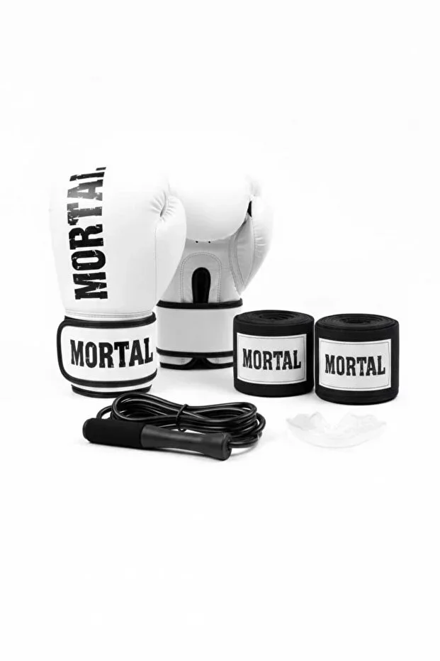 Boxing Gloves Red White Black + Boxing Bandages + Mouthguard + Jump Rope - 4-Piece Set