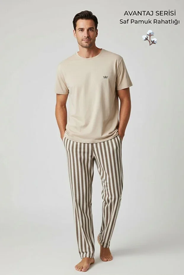 Cotton Short Sleeve Pajama Set Beige-Brown