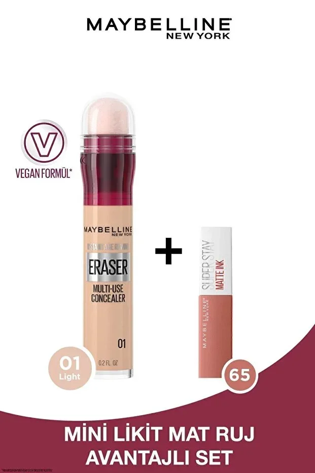 Instant Anti Age Eraser Concealer 01 Light & Mini Super Stay Matte Ink Liquid Matte Lipstick 65 Seductress