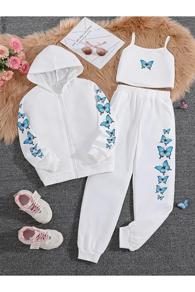 White Butterfly Print Girls' Zip-Up Jacket, Crop and Tracksuit Set