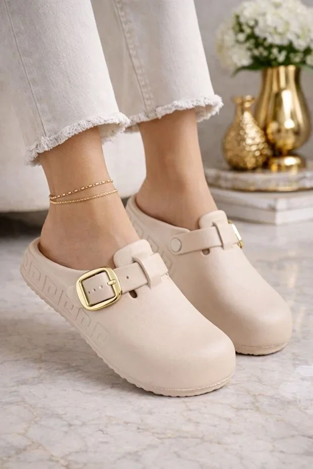 Closed-Toe Anatomical Soft Daily Clog Slippers with Massage Insole Beige Cream
