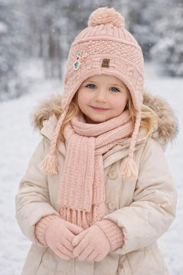 3-8 Years Girls Scarf Hat Gloves Pink 3-Piece Set - Flower Bead Detail