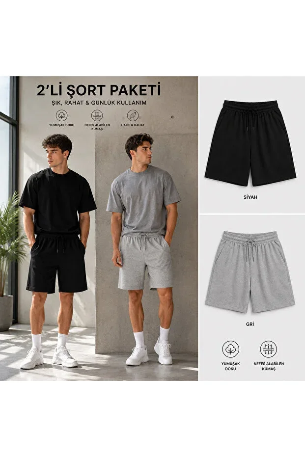 2-Piece Knee-Length Shorts Black Grey Elastic Waist Daily Use Sports Shorts