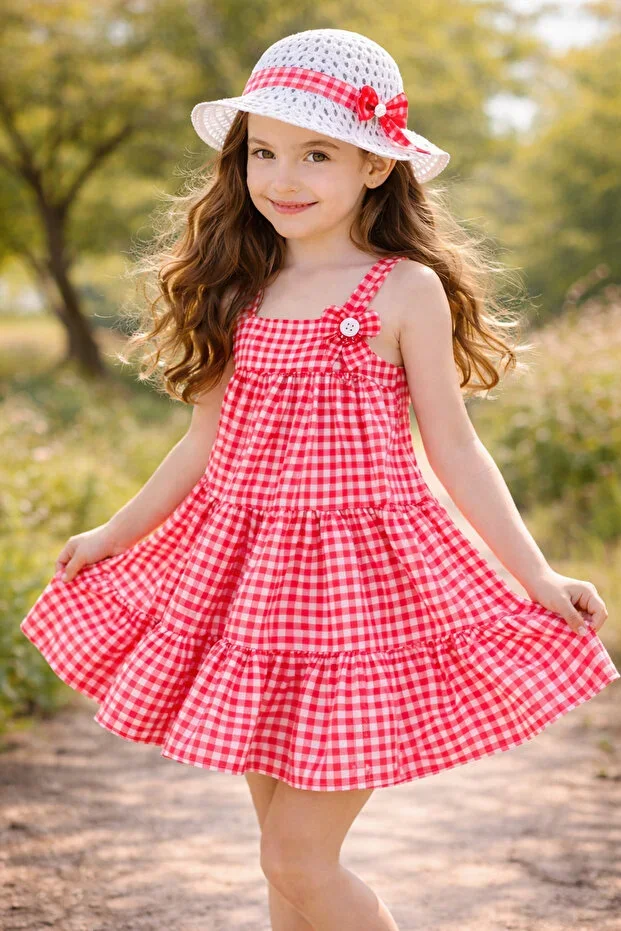 Girls Eco-Plaid Cotton Summer Dress with Hat