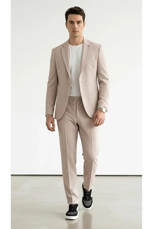 Men's Summer Fabric Single Button Blazer Jogger Pants Suit Slim Fit Sporty Chic Combination