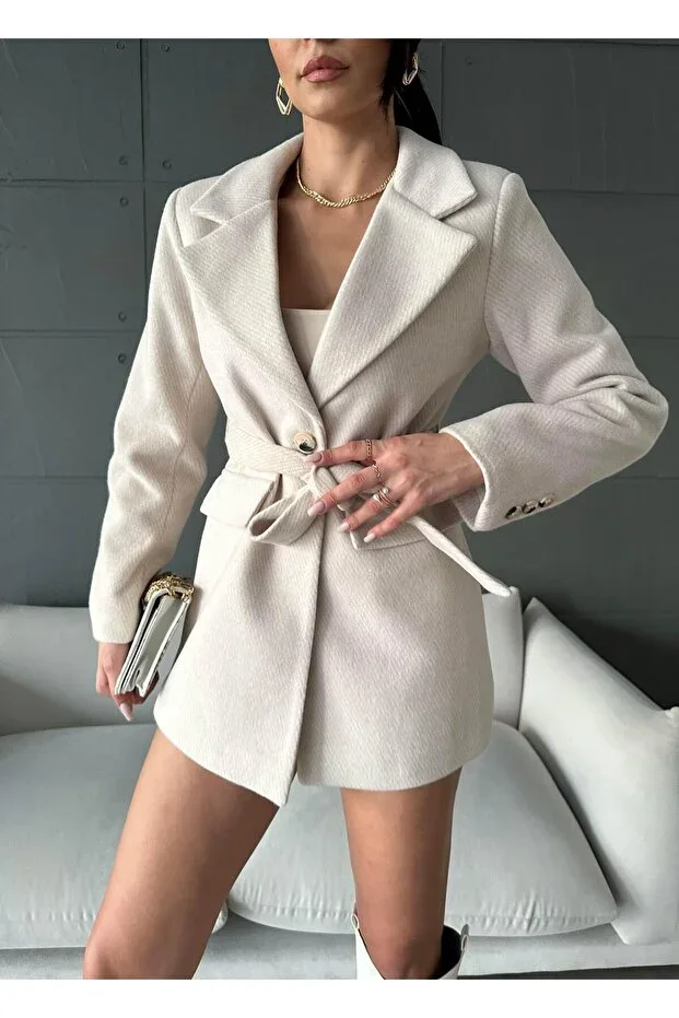 Women's Crossover Neck Belted Woolen Fabric Stone Coat Jacket