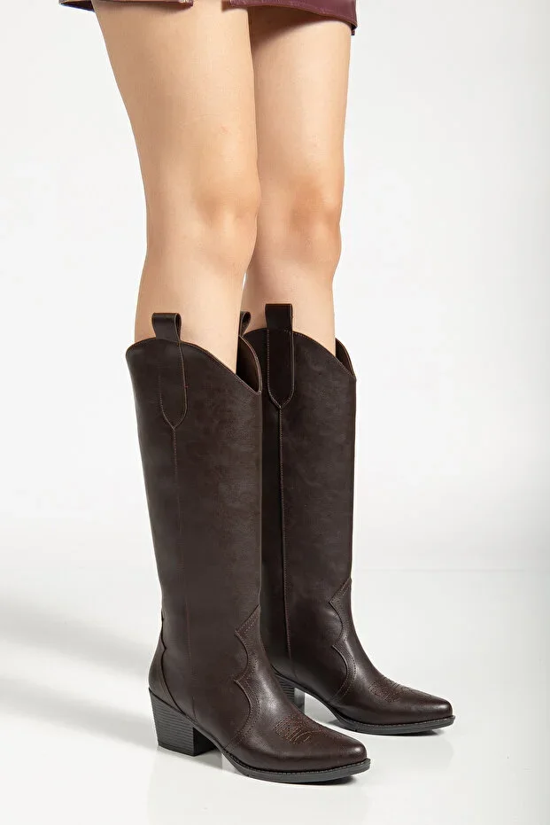 Women's Burned Coffee Leather Embroidered Tall Cowboy Boots
