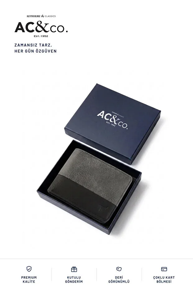 Men's Wallet with Card and Paper Money Compartment in Anthracite-Black Gift Box (Groom's Dowry/Trousseau Set)