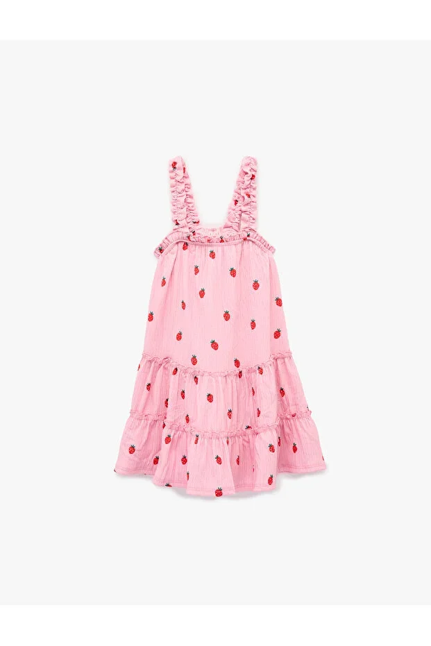 Strawberry Print Ruffled Crinkled Thin Strap Dress