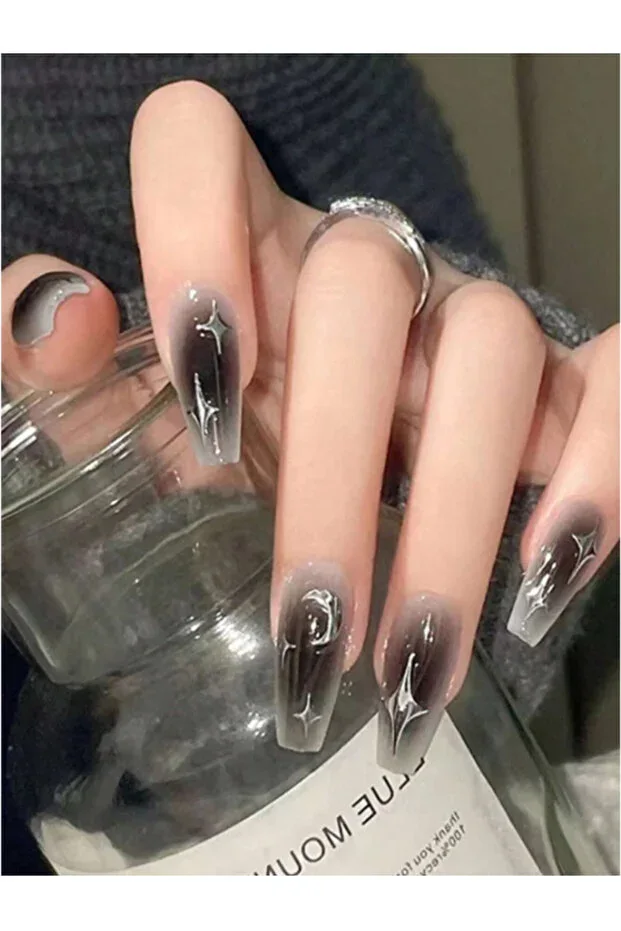 24-Piece Black & Silver Star and Moon Design Press-On Nails Set / Artificial Nails Set