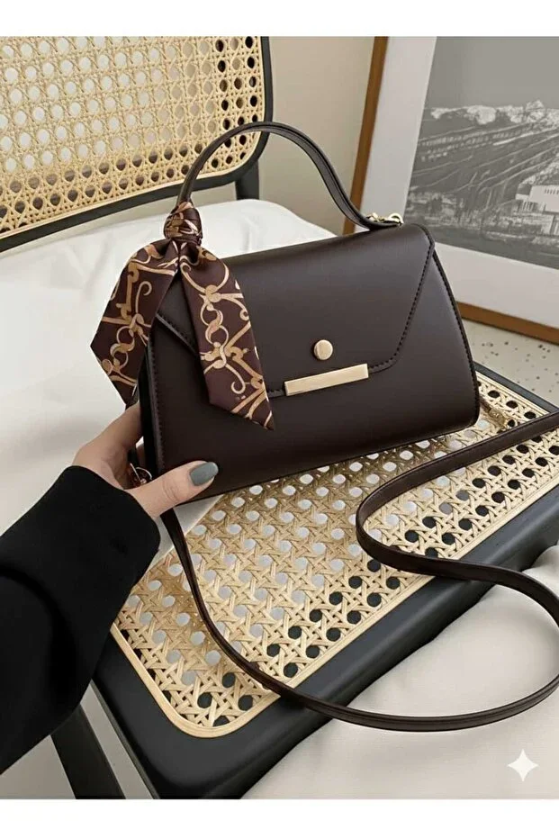 METEBAGS Bitter Coffee Faux Leather Scarf Detailed Shoulder & Handbag