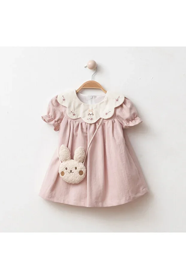 Mimo 100% Cotton Baby Girl Dress I Embroidered Collar With Rabbit Bag 9-24 Months 4221