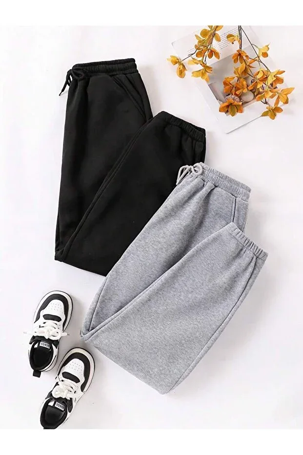 BY FAMEL 2 Lİ Jogger WINTER THICK 3 THREAD POCKETED ELASTIC CUFF SCHOOL AND DAILY SWEATPANTS BOTTOM