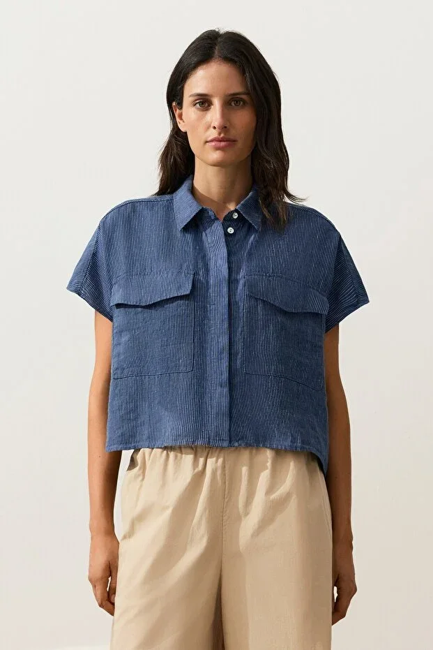 Oysho 100% Linen Striped Pocket Shirt