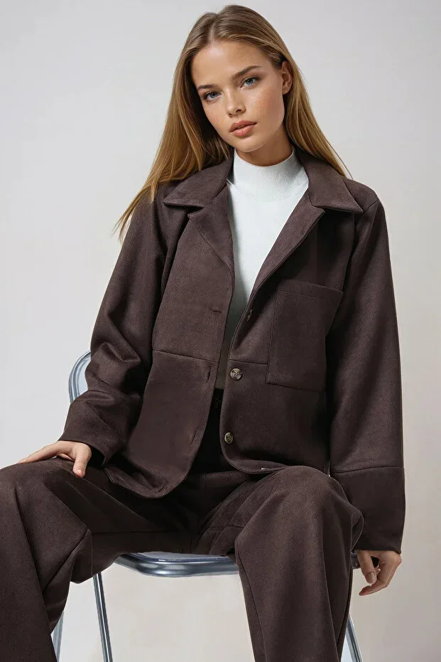 Trend Alaçatı Stili Dark Coffee Single Pocket Stitch Detail Faux Suede Jacket ALC-X14404