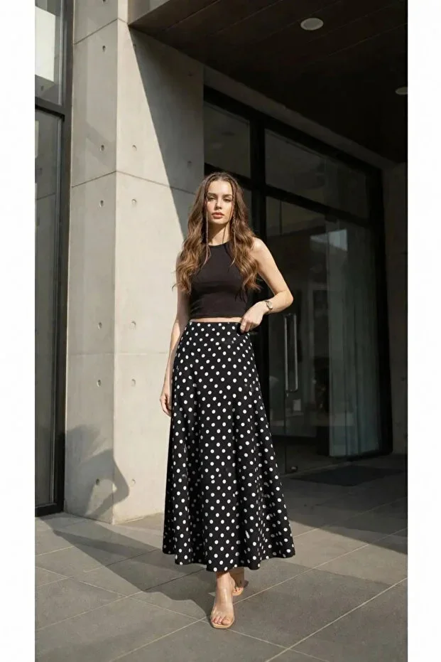 EYYE Black Dotted Crushed Velvet Flared Women's Long Skirt