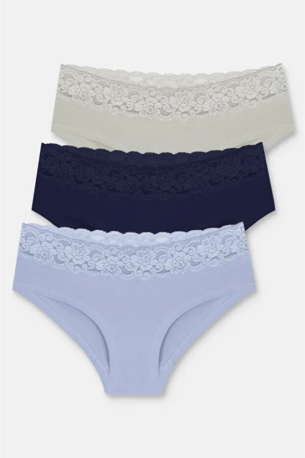 3-Piece Cotton Lace Regular Waist Hipster Panty