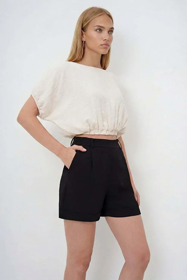 Black Double Pocket Double Hem Linen Shorts ALC-X13767