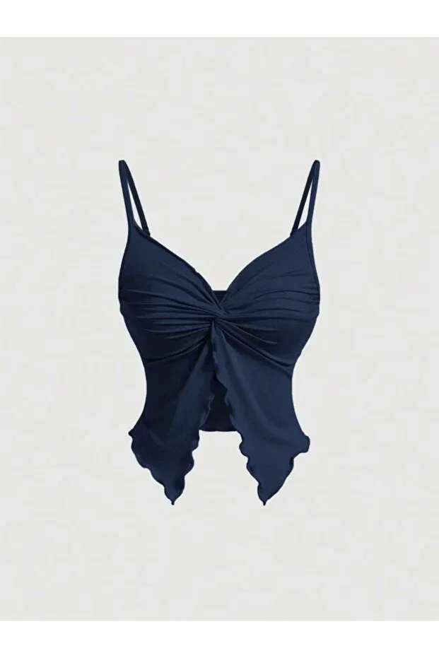 Navy Blue Front Twist Thin Strap Alacati Crop