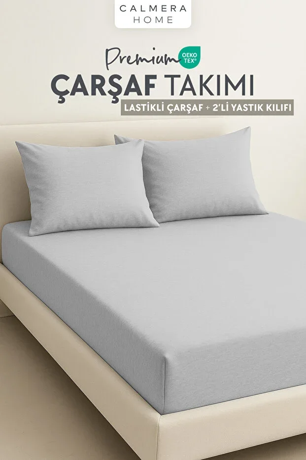 %100 Cotton Combed Elastic Fitted Sheet Set + 2 Pillowcases | Double/King Size - Light Grey