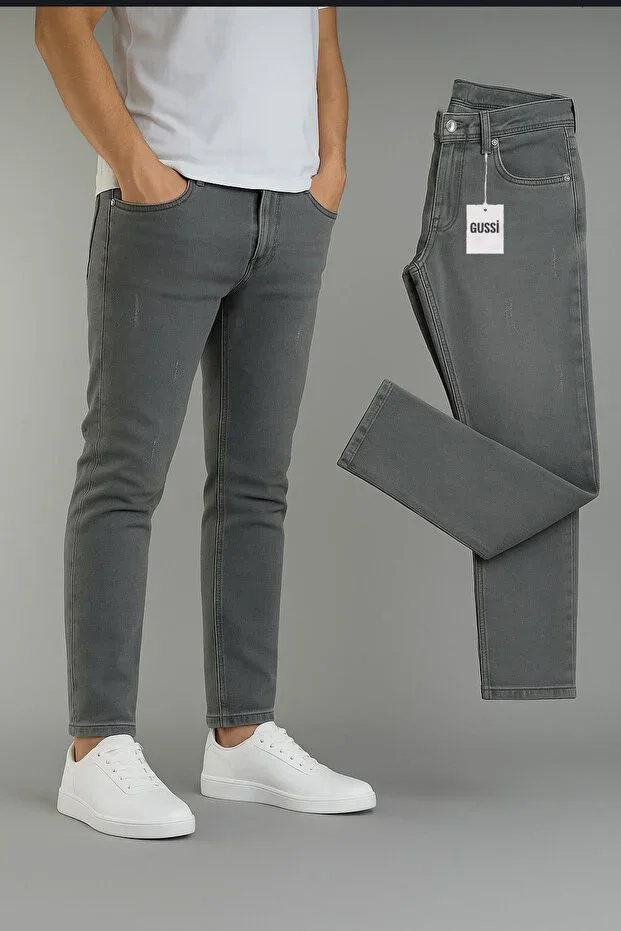Men's Grey Nail Slim Fit Lycra Flexible Jeans Denim Trousers