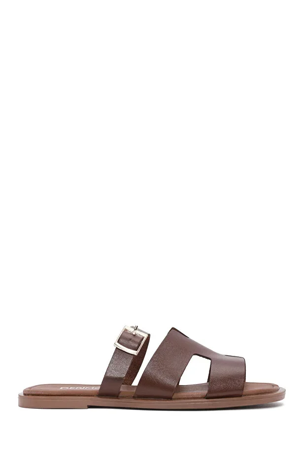Women's Brown Buckled Leather Slippers 26SFD331818