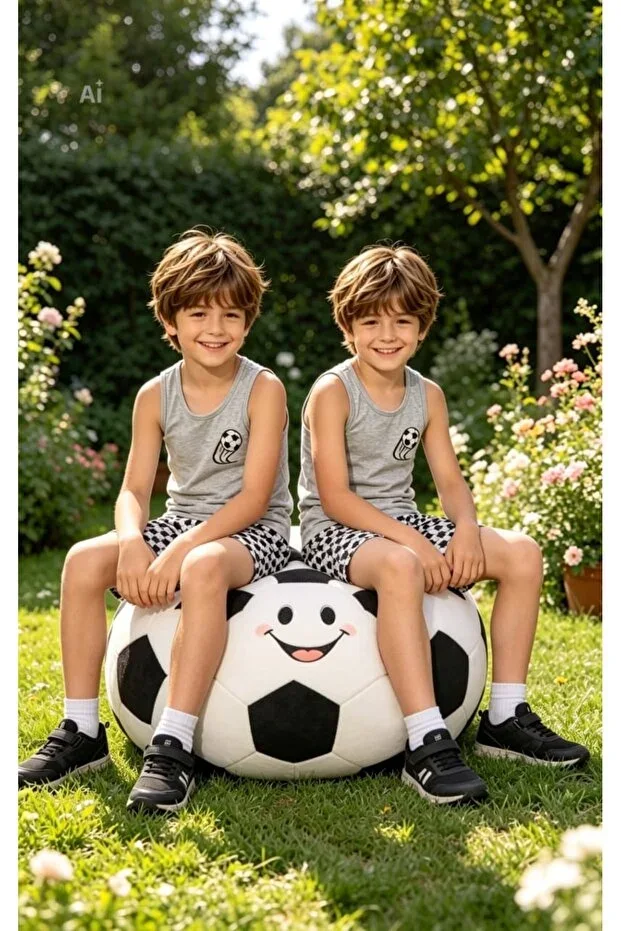 Boys Grey Color FOOTBALL Themed Undershirt & Shorts Cotton Soft Combed Trend Pajama Set