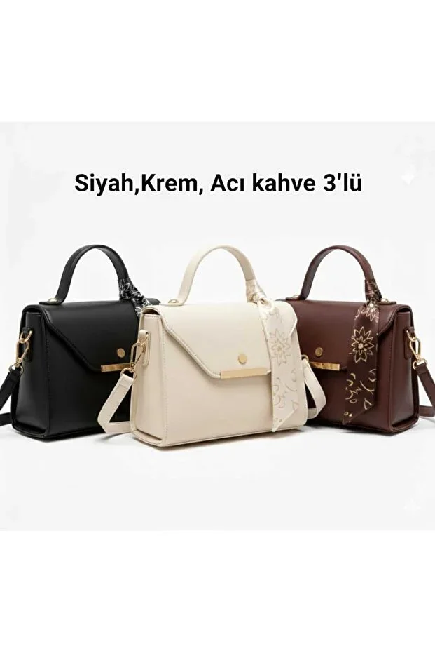 Black, Cream, Dark Coffee 3-Piece Set Faux Leather Scarf Detail Shoulder & Handbag