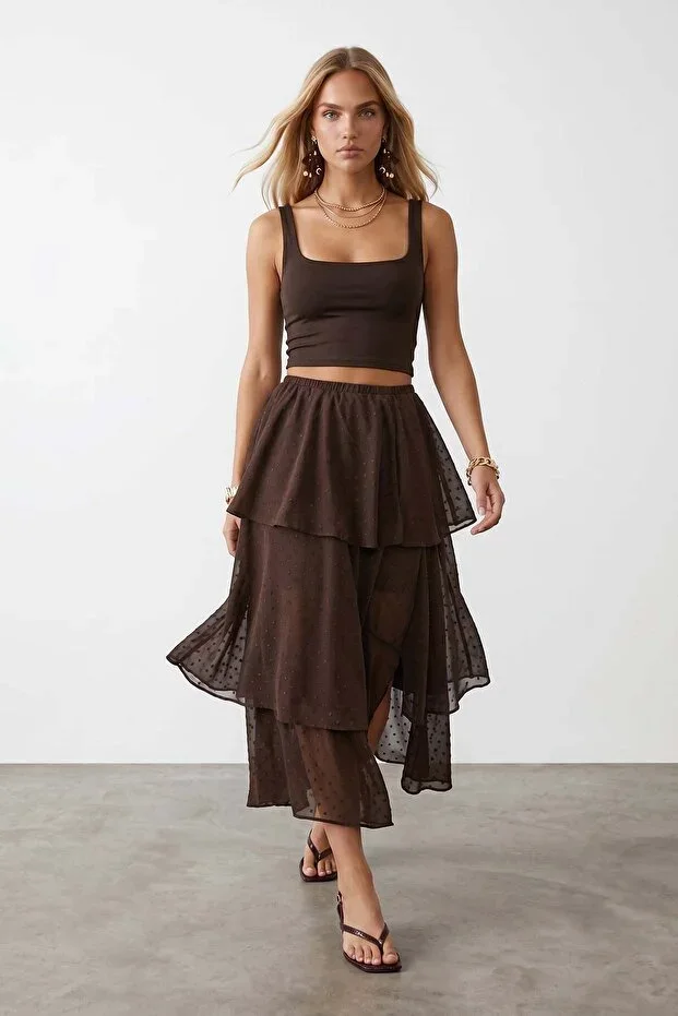 Women's Coffee Color Elastic Waist Layered Ruffled Lined Midi Chiffon Skirt Alc-X15528
