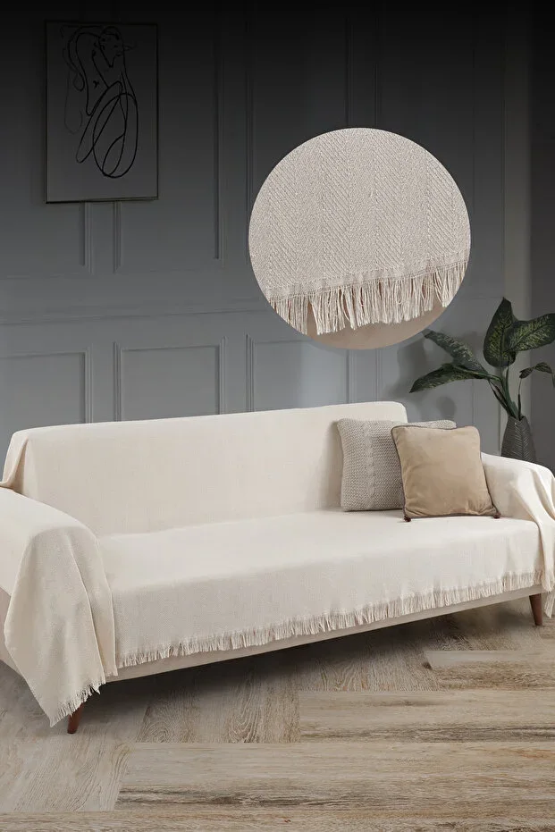 Fringed Sofa Cover 100% Cotton | Sofa Throw 180x300 Cm Ecru