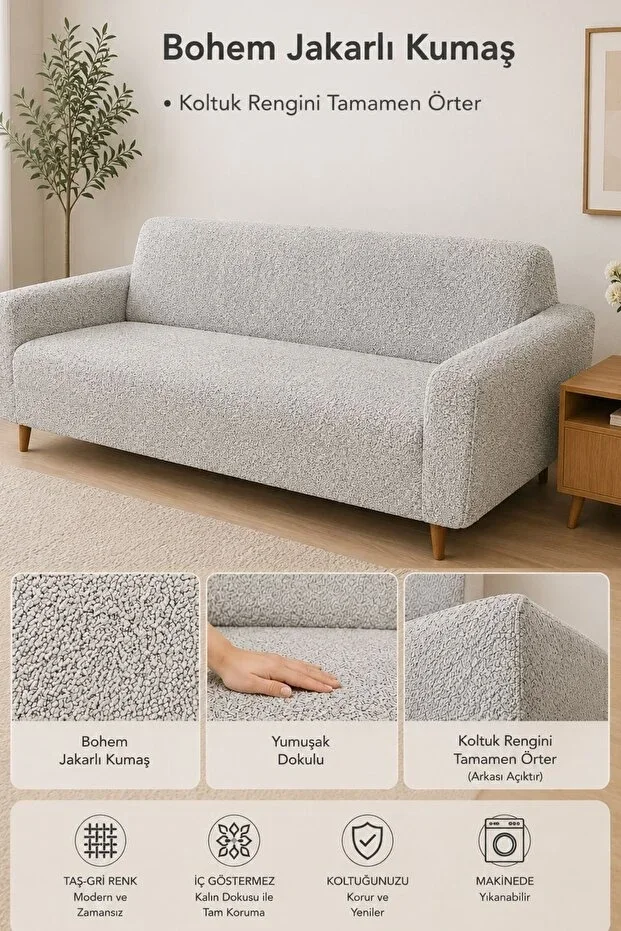 Bohem Pattern 3 Seater Sofa Cover Elastic Couch Cover Sofa Cover| Armchair Cover STONE-GRAY COLOR