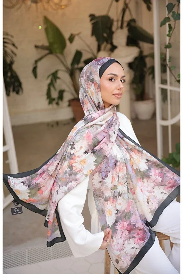 Patterned Bamboo Crushed Scarf, Stiff Women's Scarf, Black