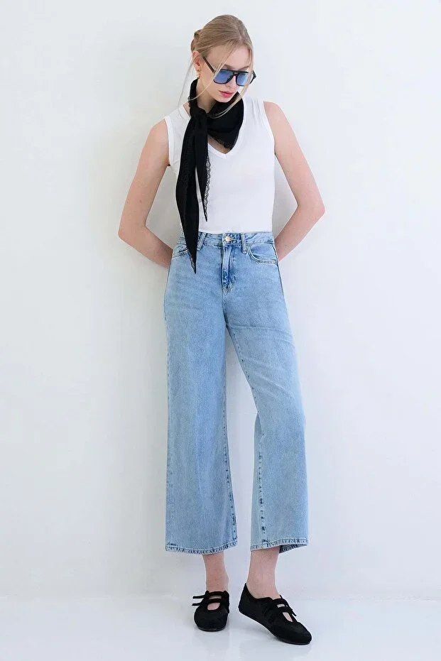 Ice Blue High Waist Palazzo Jean Trousers ALC-X15437